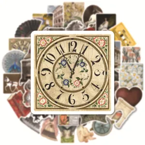 Detail view of vintage European court style decorative stickers with clock artwork.