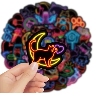 50pcs neon cartoon cat stickers waterproof aesthetic decals for laptop water bottle decor