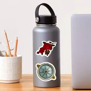 Vintage style sticker detail view showing retro rose and compass art on a metallic water bottle.