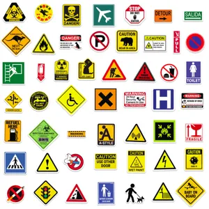 50 pcs pegatinas de advertencia y señales de precaución impermeables para taza casco.