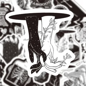 Schwarz-weiße Ästhetik Sticker Pack mit künstlerischen Hand- und Blumenmotiven für Laptop.