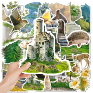 Ensemble d'autocollants château et animaux de forêt, grands stickers déco pour journal.