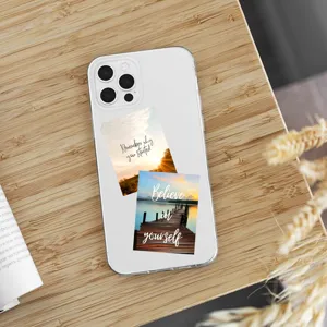 Vue détaillée d'autocollants paysagers inspirants sur une coque de téléphone portable.