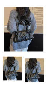 Bolso de hombro de motocicleta negro vintage para mujer, elegante bolso Boston con tachuelas.