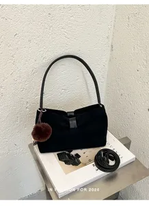 Borsa a spalla nera in camoscio con fiocco, elegante borsa da donna alla moda con ciondolo ponpon.