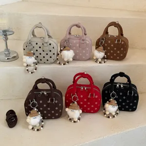 Vintage polka dot bowling bag suede shoulder crossbody handbag for daily casual use