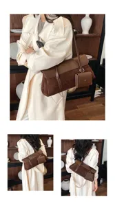 Detailed view of French vintage brown suede and PU shoulder bag with small pouch accent.