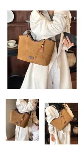 Retro suede tote bag for women, stylish bucket handbag with chic wooden bead charms.