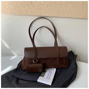 French vintage brown shoulder bag with small pouch detail, elegant daily casual crossbody bag.