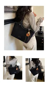 Women black tote shoulder bag vintage PU leather handbag with beaded tassel charm daily use