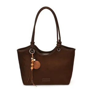 Classic brown suede tote bag for women, featuring stylish thin shoulder straps and wooden bead.