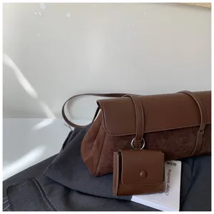French vintage brown shoulder bag suede crossbody bag women retro underarm bag with small pouch