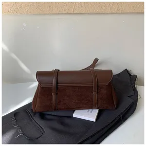 French retro brown suede women shoulder crossbody bag, elegant daily design with leather flap detail.