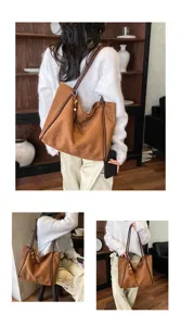 Large capacity casual tote bag for women, vintage commuter shoulder bag with premium brown finish.