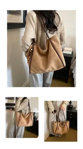 Detail view of the retro commuter suede tote bag, showing spacious capacity and brown straps.