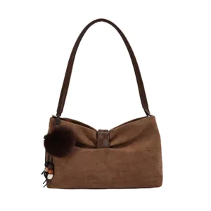 Brown Suede Bow Shoulder Bag Elegant Fashion Commuting Underarm Handbag for Women
