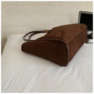 Brown suede tote bag for women, large capacity retro commuting shoulder bag for daily office.
