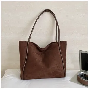Retro brown suede tote bag for women, large capacity commuter shoulder bag for daily use.
