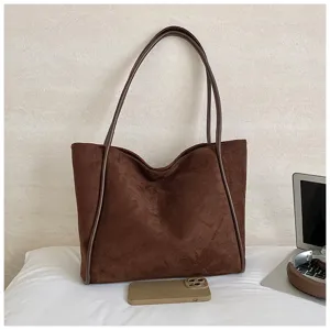 Chic brown suede tote bag for women, large capacity retro casual shoulder bag for daily work.