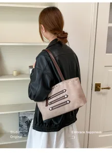 Vintage large capacity women tote bag stylish autumn commuting shoulder bag with rivets