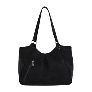 Black matte tote bag, casual daily shoulder bag with diagonal zipper pocket and metal rivets.