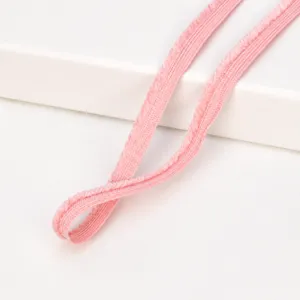 Pink fringed ribbon detail, 1cm width, lamb cashmere style piping trim accessory.