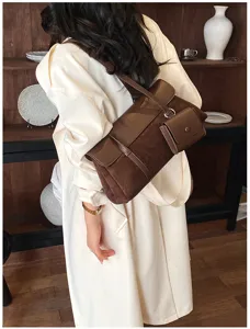 French vintage retro contrast leather suede shoulder bag for women autumn chic crossbody bag