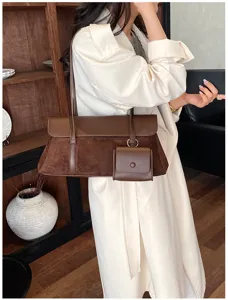 French vintage brown patchwork shoulder bag, stylish underarm bag with small coin purse.