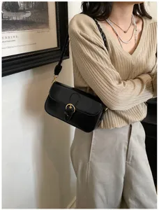 Schwarze Umhängetasche für Damen, stilvolle koreanische kleine quadratische Handtasche.