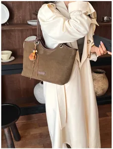 Vintage brown suede tote bag for women chic retro shoulder bag daily casual handbag chic