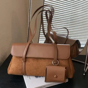 Retro French Underarm Bag PU Leather Suede Patchwork Minimalist Shoulder Crossbody Bag With Mini Pouch Pendant Accessory