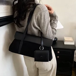 French vintage women black shoulder bag autumn chic underarm bag simple crossbody purse
