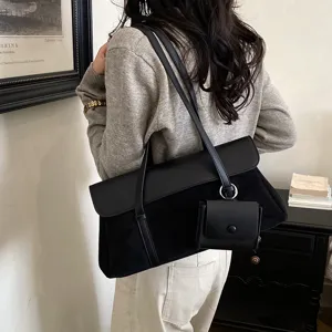 French vintage black shoulder bag for women, stylish underarm crossbody bag with small pouch.