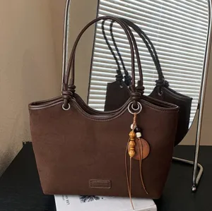Women Vintage PU Suede Tote Bag Urban Minimalist Patchwork Handbag With Wood Bead Tassel Bucket Crossbody Shoulder Bag
