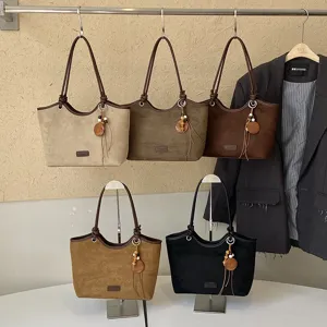 Women vintage suede tote bag shoulder bag retro style large capacity casual handbag daily use