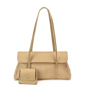 Chic retro khaki shoulder bag with suede PU leather mix, dual straps and small coin pouch.