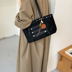 Women casual large capacity tote bag autumn black suede shoulder bag with metal rivets decor