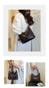 Stylish brown leather hobo shoulder bag for women, versatile everyday underarm dumpling bag.