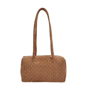 Sac Boston à pois marron pour femme, sac à main d'épaule décontracté élégant avec zip.