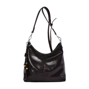 Dark brown leather hobo shoulder bag with adjustable strap, metal rings and beaded charm.