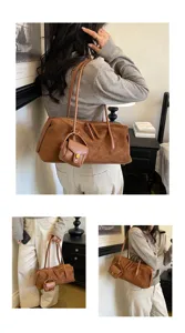 Bolso de hombro de ante marrón estilo baguette con mini bolsillo para moda de otoño.