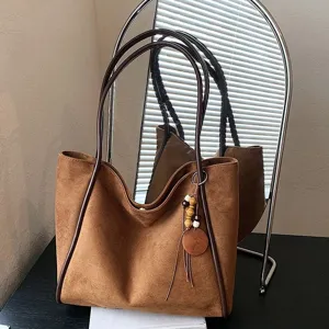 Women Vintage Faux Suede Tote Bag Large Capacity Commute Shoulder Bag With Wooden Bead Charm Tassel PU Leather Handbag