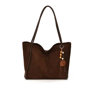 Brown suede tote bag for women, large capacity retro casual shoulder bag for daily work.