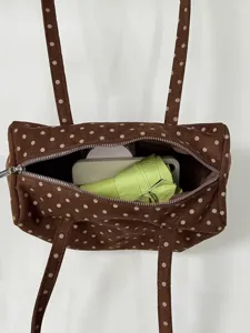 Sac Boston marron à pois pour femme, sac à main cabas décontracté avec fermeture éclair et anses.