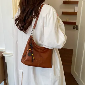 Women brown leather shoulder bag chic hobo dumpling handbag casual underarm bag for autumn