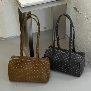 Sac Boston à Pois pour Femmes Imitation Daim Épissage Sac à Épaule Minimaliste Urbain Sac à Main Décontracté Quotidien Sac Sous le Bras