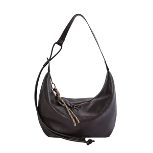 Dark brown PU leather shoulder bag detail, stylish hobo shape with knot charm design.