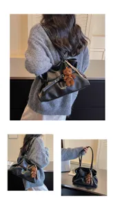Black leather tote bag for women stylish shoulder bag casual daily commuting handbag with bear pendant