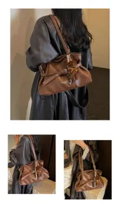 Stylish retro brown PU leather tote shoulder bag for women commuter daily casual use.