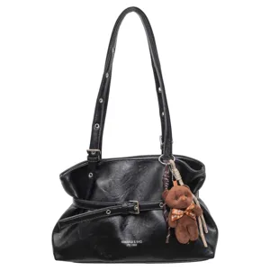 Black PU leather shoulder bag with bear pendant, chic tote bag for women daily commuting style.